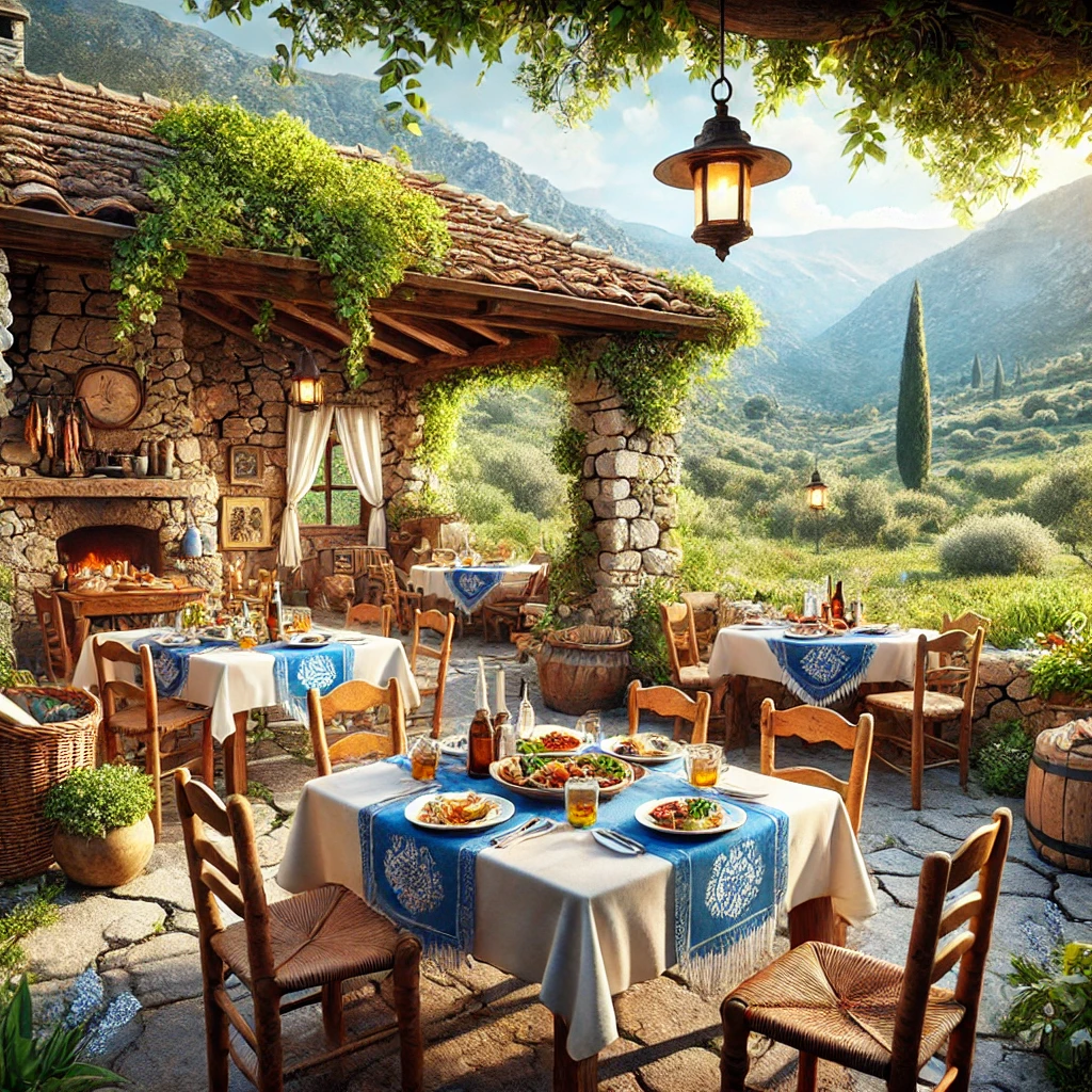 A traditional mountain tavern in the Troodos Mountains, Cyprus, featuring stone walls and wooden tables with white and blue tablecloths. Surrounded by lush greenery and offering views of the mountains, the tables are set with traditional Cypriot dishes like grilled meats and salads, creating a peaceful and authentic dining atmosphere