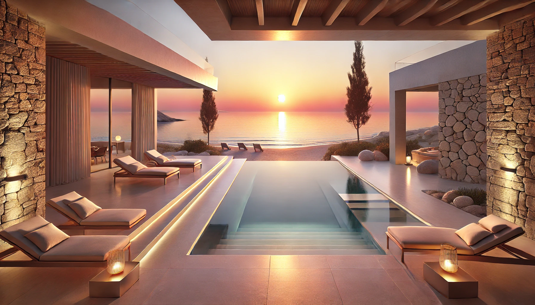 Hyper-realistic view of a luxury Mediterranean spa hotel at sunset, overlooking an infinity pool with minimal lounge chairs and a serene beach. The scene evokes the peaceful atmosphere of a wellness retreat in Greece or Cyprus, with warm golden and pink hues in the sky