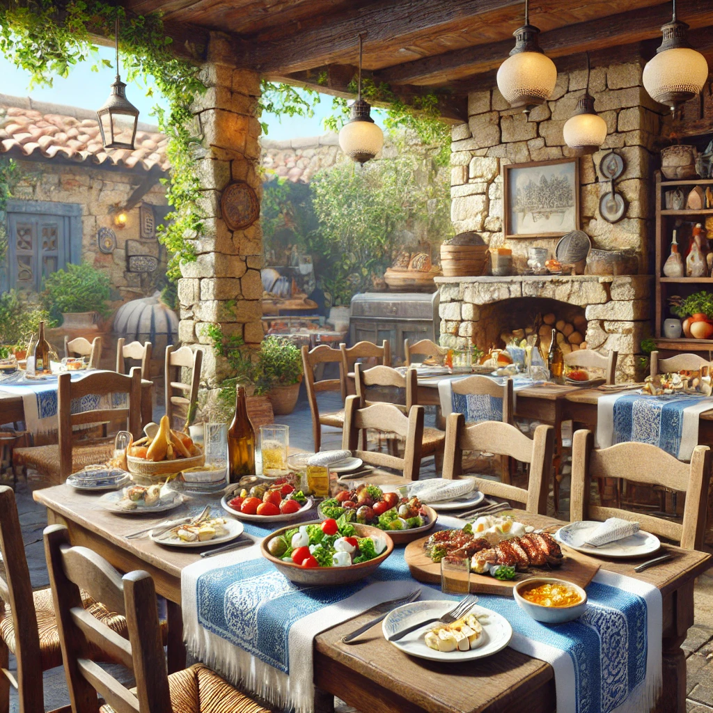 Traditional Cypriot tavern with stone walls, wooden tables covered in white and blue tablecloths, and an outdoor setting surrounded by greenery. Cypriot food dishes, including grilled meats and salads, are displayed on the tables, creating a cozy and authentic Mediterranean atmosphere.